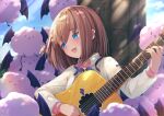  &gt;_&lt; 1girl :d akuma_saki axel-v bangs blue_eyes blush brown_hair collared_shirt commentary_request creature day ear_piercing eyebrows_visible_through_hair guitar hair_ornament hair_scrunchie hairpin hand_up highres holding holding_instrument instrument jacket long_sleeves looking_away looking_to_the_side magowasabi medium_hair music open_clothes open_jacket open_mouth outdoors piercing playing_instrument scrunchie shirt signature smile solo tree twitter_username upper_body virtual_youtuber white_jacket 