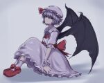  1girl 33_gaff bangs bat_wings bow brooch closed_mouth dress footwear_bow frilled_dress frills full_body grey_background hair_between_eyes hat hat_ribbon jewelry knees_up looking_at_viewer petticoat red_bow red_eyes red_footwear red_neckwear red_ribbon remilia_scarlet ribbon short_sleeves simple_background sitting solo touhou white_background white_dress white_headwear white_legwear wings wrist_cuffs 