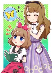  2girls :o ^_^ bangs black_bow black_hairband blue_eyes blush book bow brown_hair bug butterfly closed_eyes closed_mouth collared_shirt commentary_request dress eighth_note eyebrows_visible_through_hair flower gloves green_background hair_bow hairband halftone halftone_background heart highres holding holding_book idolmaster idolmaster_million_live! idolmaster_million_live!_theater_days insect long_hair miyao_miya multiple_girls musical_note open_book open_mouth outline pleated_dress polka_dot puffy_short_sleeves puffy_sleeves purple_dress red_bow red_hairband red_skirt shirt short_sleeves skirt smile spoken_animal suou_momoko takiki thick_eyebrows v-shaped_eyebrows very_long_hair white_flower white_gloves white_outline white_shirt 