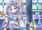  1girl animal_ears blue_archive breasts cheese detached_sleeves food grey_hair hiding laboratory long_hair looking_at_viewer mitabi_tsukasa mouse mouse_ears plate red_eyes ribbon saya_(blue_archive) smile solo syringe tube 
