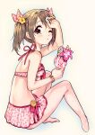  1girl amezawa_koma barefoot bikini_skirt blush brown_eyes brown_hair flower from_side grey_background hair_flower hair_ornament holding idolmaster idolmaster_cinderella_girls imai_kana looking_at_viewer looking_to_the_side one_eye_closed parted_lips pink_flower pink_skirt red_ribbon ribbon simple_background sitting skirt solo twintails yellow_flower 
