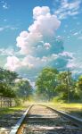  blue_sky cherry_blossoms clouds commentary_request cumulonimbus_cloud dappled_sunlight day fence highres landscape no_humans original outdoors pebble petals power_lines railroad_tracks scenery sky summer sunlight tomato_(kiiroitomato33) tree utility_pole vanishing_point 
