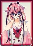 1other adjusting_eyewear bare_shoulders bespectacled blue_eyes collar collarbone commentary framed glasses gynoid_talk hair_flaps hairband highres horns ishitsuki_(_0101_831) japanese_clothes long_hair looking_at_viewer meika_hime neck_ribbon pink_hair red_neckwear ribbon sailor_collar shirt sleeveless solo symbol_commentary twintails upper_body very_long_hair vocaloid white_collar white_shirt 
