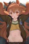  1girl absurdres animal_ears arms_up bangs belt belt_buckle black_ribbon blush brown_belt brown_eyes brown_hair brown_jacket brown_shirt buckle commentary_request crop_top ear_ribbon eyebrows_visible_through_hair fur-trimmed_jacket fur_trim hair_between_eyes highres horse_ears jacket long_hair looking_at_viewer mayano_top_gun_(umamusume) midriff navel open_clothes open_jacket open_mouth parutoneru ribbon shirt solo sweat twintails two_side_up umamusume very_long_hair white_background 