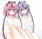  2others blue_eyes blue_hair collarbone commentary hairband horns ishitsuki_(_0101_831) long_hair looking_at_viewer meika_hime meika_mikoto multicolored_hair multiple_others open_mouth parted_lips pink_eyes pink_hair shirt short_sleeves side-by-side sitting streaked_hair very_long_hair vocaloid white_shirt 