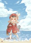  1girl :d ahoge backpack bag bangs barefoot beach bloomers blue_sky brown_gloves brown_scarf cabbie_hat clouds cloudy_sky clover_print coat commentary_request eyebrows_visible_through_hair full_body genshin_impact gloves hair_between_eyes hat hat_feather hat_ornament highres horizon in_water ji_mo_ming_di klee_(genshin_impact) light_brown_hair long_hair looking_at_viewer low_twintails no_shoes ocean open_mouth orange_eyes pocket pointy_ears randoseru red_coat red_headwear scarf sidelocks sky smile solo starfish twintails underwear 