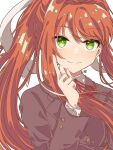  1girl artist_request bangs blazer bow breasts brown_hair closed_mouth doki_doki_literature_club eyebrows_visible_through_hair eyes_visible_through_hair green_eyes jacket long_hair looking_at_viewer monika_(doki_doki_literature_club) ponytail school_uniform simple_background smile sogi_mi solo white_bow 