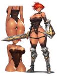  1girl armored_boots ass belt belt_buckle boots buckle dark_skin gauntlets gold gurimjang highres leotard original redhead shield smile solo sword thigh-highs warrior weapon white_background yellow_eyes 
