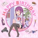  arm_up black_legwear bookshelf box closed_eyes coffee coffee_mug collarbone cup gift gift_box glasses gochuumon_wa_usagi_desu_ka? gun handgun happy_birthday highres holding holding_gift horizontal_stripes indoors long_sleeves mohei mug no_shoes open_mouth plant potted_plant purple_hair shirt sitting striped striped_shirt stuffed_animal stuffed_toy tedeza_rize thigh-highs weapon zettai_ryouiki 