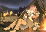  3girls alternate_hair_length alternate_hairstyle backpack bag blue_hair boots brazier camping candle closed_eyes coat commentary cross-laced_footwear crossed_arms cup dishes glasses grass happy hotaru_iori hug hug_from_behind jacket kagamihara_nadeshiko kagamihara_sakura lace-up_boots lamp light_blush medium_hair mountainous_horizon mug multiple_girls night night_sky one_eye_closed open_mouth outdoors pants pink_hair plate poncho purple_hair shima_rin siblings sisters sitting sky smile star_(sky) starry_sky sweater table tablecloth tent thermos tree violet_eyes winter_clothes yuri yurucamp 