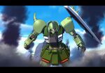  clenched_hand clouds g.yamamoto glowing glowing_eye gundam gundam_seed gundam_seed_destiny highres looking_at_viewer mecha mobile_suit no_humans one-eyed open_hand science_fiction shield sky smoke solo violet_eyes zaku_warrior 