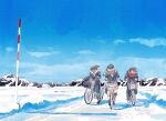  3girls absurdres bicycle black_hair blue_sky earmuffs ground_vehicle highres long_hair multiple_girls original outdoors path ponytail riding_bicycle sawa_(user_uwkv3554) scarf scenery school_uniform sky smile snow winter winter_clothes 