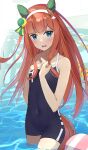  1girl absurdres akatsuki_(m12778387) animal_ears bangs blush ear_blush embarrassed green_eyes hairband highres horse_ears horse_girl horse_tail long_hair looking_at_viewer off_shoulder open_mouth orange_hair school_swimsuit silence_suzuka_(umamusume) solo strap_slip swimsuit tail umamusume wardrobe_malfunction 