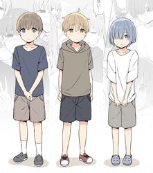  3boys black_shirt black_shorts blonde_hair blue_eyes brown_eyes brown_footwear brown_hair brown_shirt child grey_eyes grey_footwear grey_hair grey_shorts hair_over_one_eye hands_together highres hood hood_down multiple_boys original shadow shirt shoes short_hair short_sleeves shorts sky-freedom socks white_legwear white_shirt 