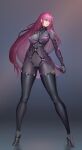  1girl absurdres armor bodystocking bodysuit breasts covered_navel dark_night_(darkotl) fate/grand_order fate_(series) highres large_breasts long_hair pauldrons purple_hair red_eyes scathach_(fate) scathach_(fate)_(all) shoulder_armor skin_tight smile solo thigh-highs very_long_hair 
