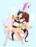  2girls \n/ agnes_tachyon_(umamusume) ahoge air_shakur_(umamusume) animal_ears arm_up barefoot beaker bikini black_bikini black_hair black_nails breasts brown_eyes brown_hair carrot_print commentary_request criss-cross_halter crossed_legs cup eating eyebrow_piercing floral_print food food_print front-tie_bikini front-tie_top frown glowing halterneck holding holding_cup holding_food horse_ears horse_girl horse_tail inflatable_toy long_hair looking_at_another lying medium_hair mismatched_bikini multiple_girls nail_polish navel on_back open_mouth orange_eyes partial_commentary piercing popsicle print_bikini sharp_teeth sitting small_breasts smile sweatdrop swimsuit tail tan3charge teeth toenail_polish translated umamusume 