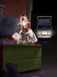  1girl black_hair breasts brown_eyes fire_emblem fire_emblem_fates food garbage_truck gloves grey_hair highres igni_tion medium_breasts multicolored_hair night pizza_box shoes smile trash trash_bag two-tone_hair velouria_(fire_emblem) 