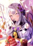  1girl absurdres artist_request blue_archive cake character_request eating flower food fork hair_flower hair_ornament highres huge_filesize looking_at_viewer shirt silver_hair violet_eyes white_shirt 