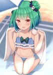  1girl absurdres alternate_costume bangs beach beach_towel beach_umbrella bikini black_bow blue_bikini blue_hair blush bow collarbone commentary_request eyebrows_visible_through_hair fang flat_chest frilled_bikini frills from_above full_body gradient_hair green_hair hair_bun hair_ornament hands_up highres hololive knees_together_feet_apart looking_at_viewer multicolored_hair navel red_eyes seiza shadow shiny shiny_hair shiny_skin short_hair sidelocks sitting skull_hair_ornament suzutarou_gunsou swimsuit thighs towel umbrella uruha_rushia virtual_youtuber 