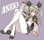  1girl absurdres anchovy_(girls_und_panzer) anzio_school_uniform ass bangs black_neckwear breasts cape capelet character_name drill_hair girls_und_panzer green_hair highres holding long_hair long_sleeves medium_breasts necktie pantyhose pleated_skirt pointer purple_background riding_crop school_uniform shirt shoe_dangle shoes simple_background skirt smile solo twintails white_legwear white_shirt yamashita_shun&#039;ya 