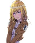  1girl absurdres blonde_hair blue_eyes blush brown_jacket christa_renz duplicate highres jacket long_sleeves looking_at_viewer paradis_military_uniform pixel-perfect_duplicate shingeki_no_kyojin shirt solo survey_corps_(emblem) white_background white_shirt yamashita_shun&#039;ya 