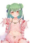  1girl absurdres bangs bare_shoulders blush bow camisole collarbone double_bun eyebrows_visible_through_hair ghost green_hair hair_ornament hair_ribbon hairpin highres hololive looking_at_viewer midriff navel necromancer off_shoulder outstretched_arms red_eyes ribbon short_hair sidelocks simple_background smile striped uruha_rushia virtual_youtuber white_background yakurope-moko 