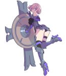  1girl absurdres armor armored_boots armored_leotard ass backlighting bangs black_armor black_gloves black_legwear black_leotard blush boots breastplate breasts elbow_gloves fate/grand_order fate_(series) faulds from_side gloves greaves hair_over_one_eye hand_up head_tilt high_heel_boots high_heels highres holding holding_shield impossible_clothes impossible_leotard kneepits large_breasts leaning_forward leg_lift leotard leotard_under_clothes looking_at_viewer looking_back looking_to_the_side mash_kyrielight multicolored multicolored_clothes multicolored_gloves one_eye_covered outstretched_arm parted_bangs parted_lips pink_hair purple_gloves shade shadow shield shiny shiny_hair short_hair simple_background skindentation solo standing standing_on_one_leg thigh-highs thigh_boots thigh_strap thighs underbust vambraces violet_eyes white_background yamashita_shun&#039;ya 