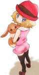  1girl black_legwear blonde_hair blue_eyes chorimokki eevee gen_1_pokemon hat looking_at_viewer open_mouth pokemon pokemon_(anime) pokemon_(creature) pokemon_(game) pokemon_xy serena_(pokemon) short_hair skirt sleeveless thigh-highs 