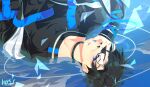  1boy bandaged_arm bandages black_choker black_hair black_jacket black_shirt blue_eyes choker clip_studio_paint_(medium) english_commentary glasses hand_on_own_face highres jacket krau looking_up lying male_focus no_lineart on_back original shirt solo upper_body water zipper 