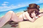  1girl bare_shoulders beach bikini black_bikini black_headwear bracelet breasts brown_hair closed_mouth day genshin_impact groin hat highres hiki_niito horizon hu_tao_(genshin_impact) jewelry long_hair looking_at_viewer lying navel ocean on_stomach outdoors red_eyes skindentation small_breasts solo star-shaped_pupils star_(symbol) stomach string_bikini swimsuit symbol-shaped_pupils thighs tongue tongue_out very_long_hair 