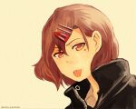  1girl :p artist_name brown_hair face hair_between_eyes hair_ornament hairclip higuchi_madoka idolmaster idolmaster_shiny_colors kusaka_yoru mole mole_under_eye red_eyes short_hair solo tongue tongue_out 