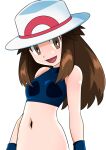  1girl breasts brown_eyes brown_hair hainchu hat leaf_(pokemon) long_hair looking_at_viewer open_mouth pokemon pokemon_(game) pokemon_frlg simple_background sleeveless smile solo white_background wristband 