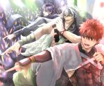  3boys ashiya_douman_(fate) audience bangs black_hair brown_hair concert fate/grand_order fate_(series) glowstick highres holding holding_microphone kotomine_kirei long_hair microphone multicolored_hair multiple_boys music open_mouth pointing rasputin_(fate) redhead sengo_muramasa_(fate) short_hair singing spotlight stage stage_lights two-tone_hair umekonbu_daisuki white_hair wide_sleeves wristband 