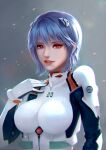  1girl absurdres ayanami_rei bangs blue_hair breasts collarbone hair_between_eyes highres large_breasts lipstick looking_at_viewer makeup mixed-language_commentary neon_genesis_evangelion parted_lips red_eyes red_lips short_hair skin_tight solo teeth upper_body yongning 
