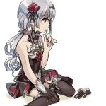  bangs bare_shoulders black_gloves black_legwear chinese_text closed_mouth flower gloves gloves_removed hair_between_eyes hair_flower hair_ornament honkai_(series) honkai_impact_3rd kanai23831347 long_hair looking_to_the_side no_shoes red_eyes rose simple_background simplified_chinese_text sitting skirt theresa_apocalypse theresa_apocalypse_(luna_kindred) twintails white_background white_hair 