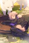  1girl armor armored_dress bangs bare_shoulders black_legwear black_leotard breasts closed_eyes echo_(circa) elbow_gloves fate/grand_order fate_(series) gloves large_breasts leotard light_purple_hair lying mash_kyrielight on_side purple_gloves shield short_hair sleeping thigh-highs thigh_strap thighs translation_request wolf 