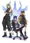 3girls absurdres arknights armor bare_arms black_footwear black_gloves black_headwear black_jacket black_pants blue_hair blue_jacket blue_shorts boots breastplate ch&#039;en_(arknights) chair clay_(clayjun) closed_mouth clothes_around_waist collared_shirt commentary_request crossed_arms dragon_horns fingerless_gloves full_body gloves green_eyes green_hair hat high_heel_boots high_heels highres holding_walkie-talkie horns hoshiguma_(arknights) jacket jacket_around_waist long_hair looking_at_viewer multiple_girls necktie office_chair oni_horns open_clothes open_jacket orange_hair pants red_eyes shirt shorts single_horn sitting swire_(arknights) tail thigh-highs thigh_boots thigh_strap twintails v-shaped_eyebrows walkie-talkie white_background white_shirt yellow_neckwear
