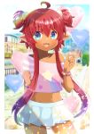  1girl :d ahoge bangs blue_eyes blurry blurry_background character_request collarbone crop_top dark-skinned_female dark_skin depth_of_field eyebrows_visible_through_hair fangs hair_between_eyes heart_balloon indie_virtual_youtuber kouu_hiyoyo long_hair looking_at_viewer midriff navel off_shoulder open_mouth pink_shirt pleated_skirt pointy_ears redhead shirt short_sleeves skirt smile solo two_side_up very_long_hair virtual_youtuber white_skirt 