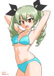  1girl :d absurdres anchovy_(girls_und_panzer) aqua_bikini armpits arms_behind_head arms_up bangs bikini black_ribbon breasts commentary cowboy_shot dated drill_hair drops_mint eyebrows_visible_through_hair girls_und_panzer green_hair hair_ribbon highres long_hair looking_at_viewer medium_breasts navel open_mouth red_eyes ribbon simple_background smile solo standing swimsuit twin_drills twintails twitter_username white_background 