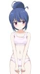  1girl ass_visible_through_thighs bangs bare_arms bare_shoulders blue_hair blush bow bow_panties bra breasts closed_mouth collarbone eyebrows_visible_through_hair hair_bun head_tilt highres hippo_(hirople) navel panties pink_bra pink_panties shima_rin simple_background small_breasts solo underwear underwear_only violet_eyes white_background yurucamp 
