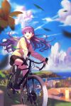  absurdres alternate_costume backpack bag bicycle blue_sky braid building clouds commission commissioner_upload fire_emblem fire_emblem:_the_binding_blade flower french_braid ground_vehicle highres huge_filesize open_mouth purple_hair school_uniform skirt sky smile sophia_(fire_emblem) truong.tong01 violet_eyes water 
