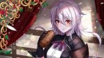  1girl black_gloves bread character_request eyebrows_visible_through_hair food gloves grey_eyes hair_between_eyes hand_up highres holding holding_food king&#039;s_raid long_hair looking_at_viewer red_eyes sakiyamama solo sparkle upper_body white_hair 