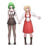  2girls ascot bare_shoulders black_ribbon black_skirt blonde_hair blue_eyes boots collarbone collared_shirt commission cosplay costume_switch english_commentary eyebrows_visible_through_hair frilled_shirt frills green_hair hair_ornament highres holding_hands hololive hololive_english holster kazami_yuuka kazami_yuuka_(cosplay) long_skirt mata_(matasoup) monocle_hair_ornament multiple_girls notice_lines off-shoulder_shirt off_shoulder open_clothes open_vest pantyhose plaid plaid_skirt plaid_vest red_eyes red_skirt red_vest ribbon shirt short_hair side_ponytail simple_background skirt skirt_set smile suspenders touhou vest watson_amelia watson_amelia_(cosplay) white_background white_shirt yellow_neckwear zipper zipper_pull_tab zipper_skirt 