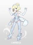  1girl blonde_hair blue_eyes character_name cinderella cinderella_(disney) disney elbow_gloves eyebrows_visible_through_hair gloves green_eyes hair_bun head_tilt mecha_musume open_mouth pagye redesign short_hair solo sparkle sweat symbol_commentary white_gloves 