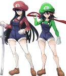  2girls black_hair blue_eyes blue_overalls breasts brown_footwear closed_mouth cosplay full_body gloves green_headwear green_shirt hat highres holding holding_sword holding_weapon katana kill_la_kill kiryuuin_satsuki long_hair long_sleeves looking_at_viewer luigi luigi_(cosplay) mario mario_(cosplay) super_mario_bros. matoi_ryuuko multicolored_hair multiple_girls over_shoulder overalls rakeemspoon red_headwear red_shirt scissor_blade shirt shoes short_hair side-by-side simple_background standing streaked_hair super_mario_bros. sword sword_over_shoulder thigh-highs thighs very_long_hair weapon weapon_over_shoulder white_background white_gloves white_legwear 