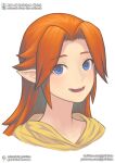  1girl blue_eyes brown_hair commentary gofelem long_hair looking_at_viewer malon open_mouth pointy_ears simple_background smile solo the_legend_of_zelda the_legend_of_zelda:_ocarina_of_time white_background 