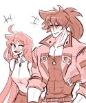  1boy 1girl absurdres ankh aria_(guilty_gear) belt breasts brown_hair covered_abs fingerless_gloves forehead_protector gloves greyscale guilty_gear guilty_gear_strive guilty_gear_xrd hair_between_eyes headband highres jack-o&#039;_valentine long_hair monochrome muscular muscular_male ponytail redhead scruffyturtles simple_background smile sol_badguy studded_belt very_long_hair yellow_eyes 