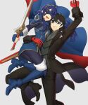  1boy 1girl absurdres amamiya_ren armor bangs black_hair blue_eyes blue_hair cape ebinku falchion_(fire_emblem) fingerless_gloves fire_emblem fire_emblem_awakening gloves hair_between_eyes highres holding jacket jewelry long_hair long_sleeves looking_at_viewer lucina_(fire_emblem) mask pants persona persona_5 red_gloves short_hair simple_background smile super_smash_bros. sword tiara weapon 