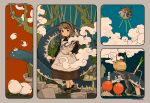  1girl akai_sashimi apron bird brown_footwear brown_hair clouds full_body holding long_hair long_sleeves octopus original plant rice_cooker shoes signature snake solo spring_onion standing teapot white_apron 