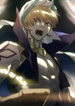  1boy absurdres arabian_clothes blonde_hair blurry cropped_vest depth_of_field earrings fate/grand_order fate_(series) gilgamesh_(caster)_(fate) gilgamesh_(fate) glowing_words high_collar highres jewelry magic_circle mosako red_eyes shoulder_tattoo shouting solo tablet tattoo turban vest 